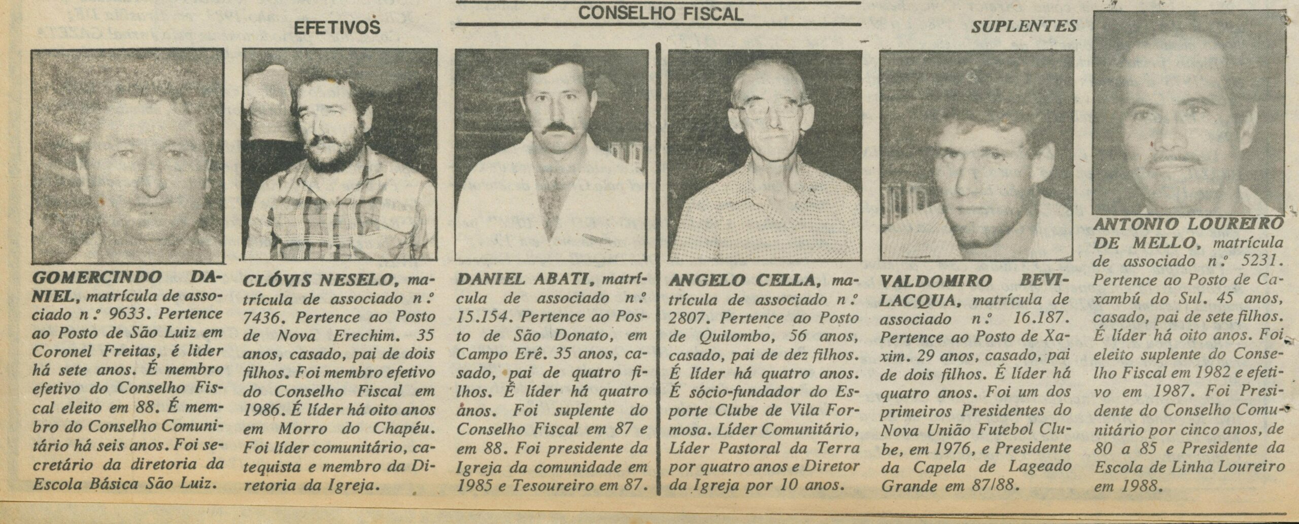 Conselho fiscal eleito em 23 de fevereiro de 1989
